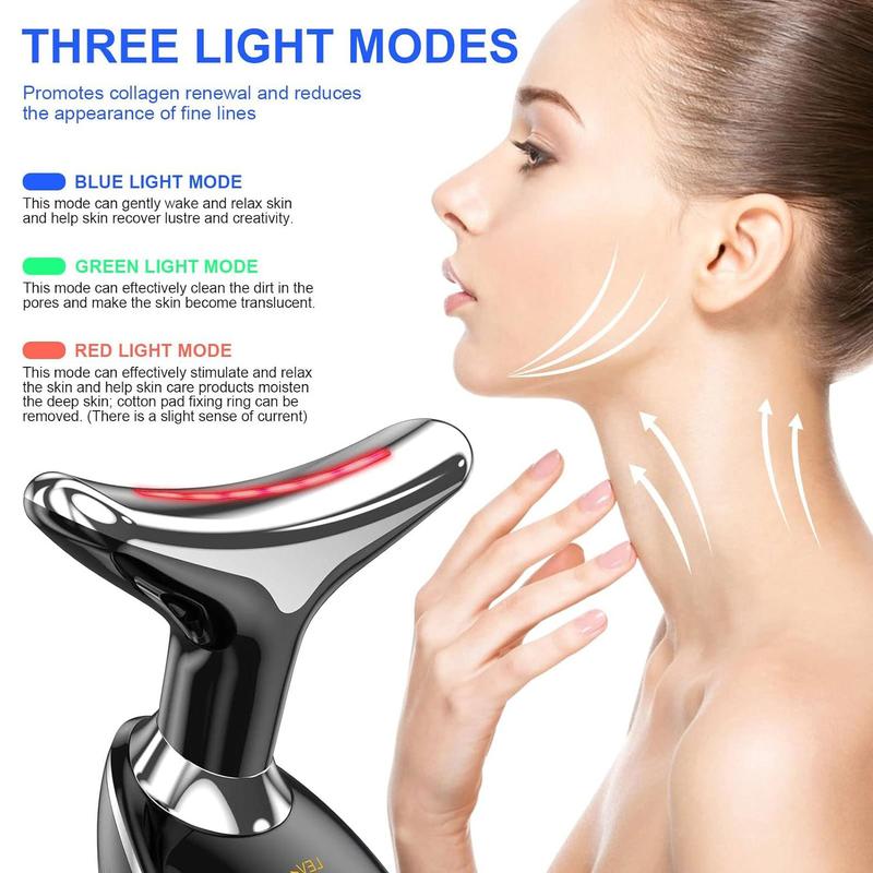 Microcurrent Facial Massager, Multi-functional Neck Massager, Tri-color LED Thermal Mode Neck Beauty Instrument, Vibrating and Heating Facial Massager