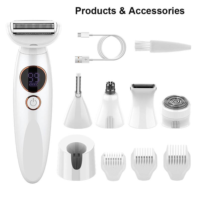 5 in 1 Electric Shaver and Razor for Women, IPX7 Waterproof Portable Hair Removal Machine, Cordless Hair Trimmer, Body and Facial Epilator, Painless Trimming of Pubic Hair, Face