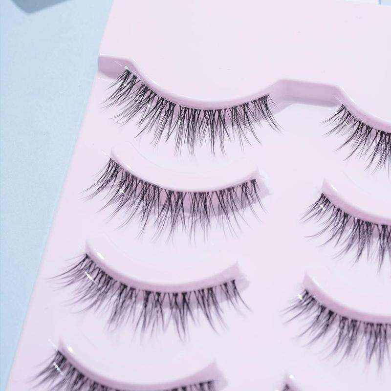 5 Pairs Natural Look False Eyelashes, Wispy Clear Band Faux Cluster Lashes, Fish Tail Shaped Curling Eye Makeup Lashes Strip