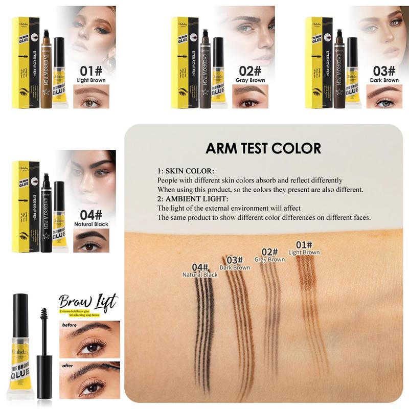 4 Forked Eyebrow Pencil & Eyebrow Glue, 2 Counts set Long Lasting Waterproof Eyebrow Pencil & Eyebrow Glue, Eye Brow Makeup Tool for Women