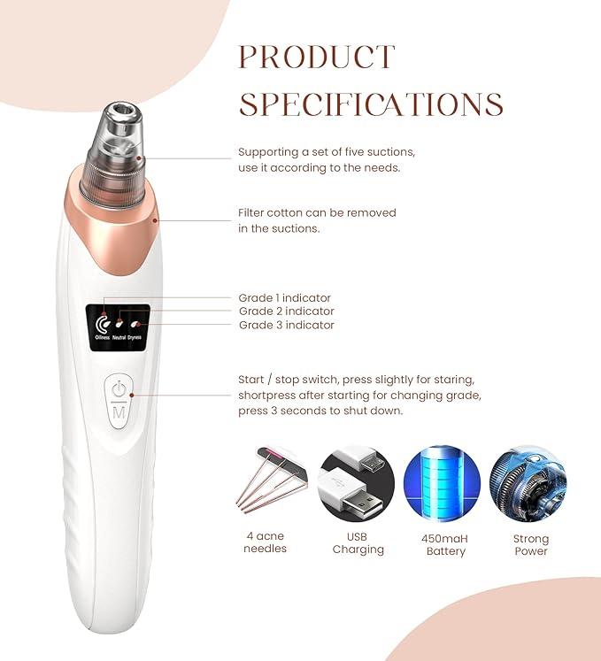 2024 Newest Blackhead Remover Pore Vacuum,Facial Pore Cleaner-5 Suction Power,5 Probes,USB Rechargeable Blackhead Vacuum Kit Electric Acne Extractor Tool nose vacuum electric acne