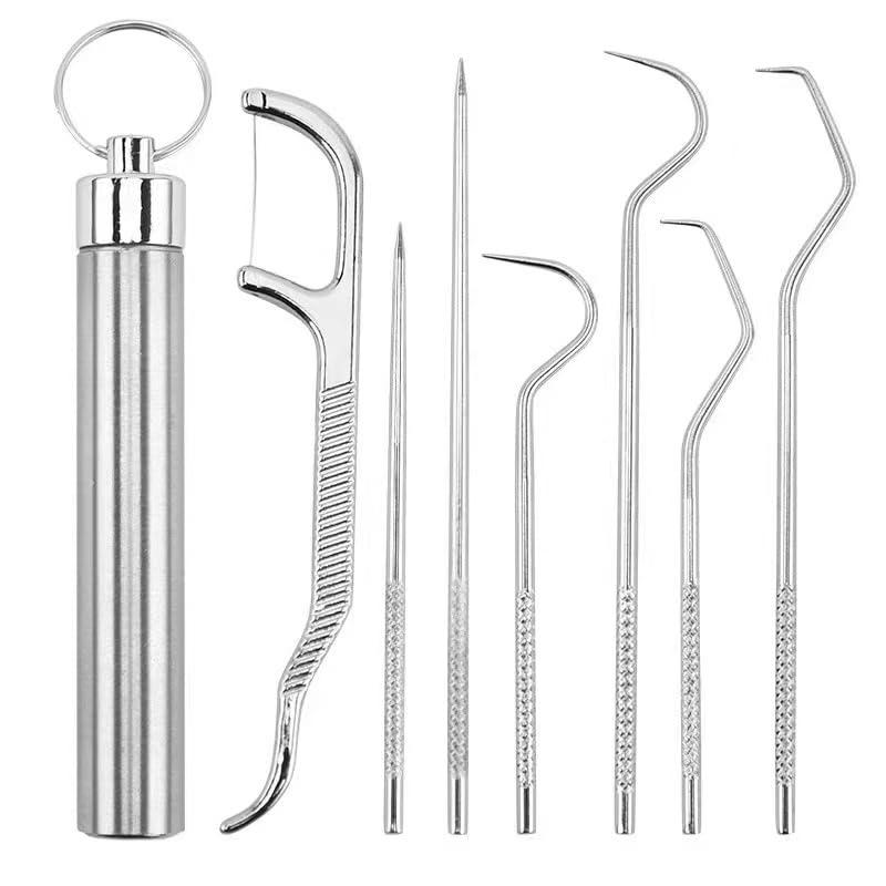 Dental Teeth Pick Stainless Steel Toothpick Set Reusable Tooth Stains Remover Dental Tool Teeth Cleaning Tools with Holder for Outdoor Picnic, Camping, Travel (7PCS Set)Thanksgiving Gifts Christmas Gifts-HL