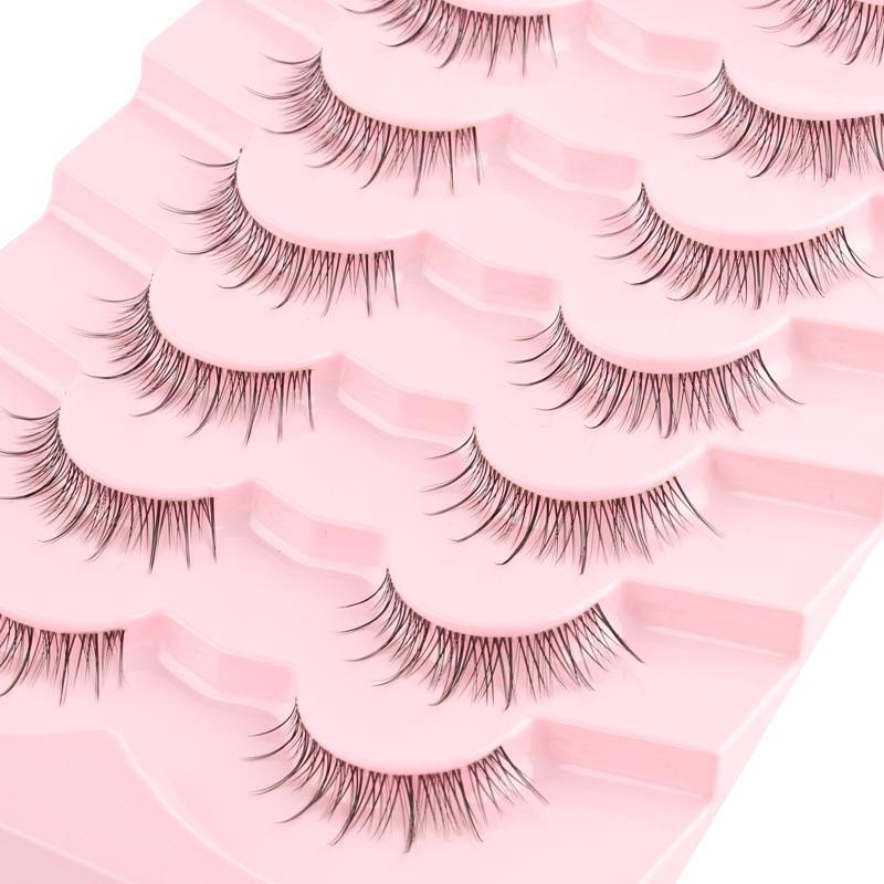 0.8cm Short Natural False Eyelashes, 7 Pairs Reusable Wispy Faux Cluster Lashes, Curling Transparent Stem Eye Makeup Lashes Strip