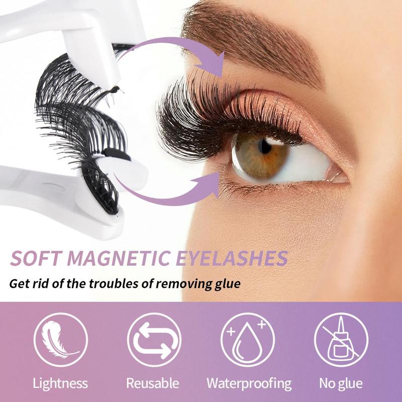 Magnetic Fake Eyelash Kit for Lash Extensions, 1 Set Reusable No Glue Fake Eyelashes with Professional Applicator Tweezers, Natural Long Fluffy Soft False Eyelash for Women Makeup