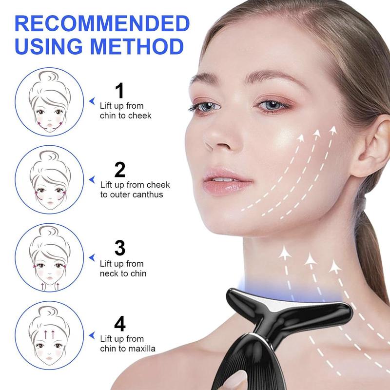 Microcurrent Facial Massager, Multi-functional Neck Massager, Tri-color LED Thermal Mode Neck Beauty Instrument, Vibrating and Heating Facial Massager