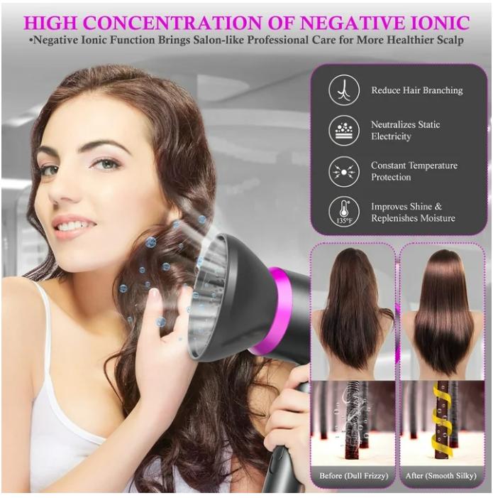 Hair Dryer with Diffuser and Concentrator, Professional Ionic Hair Dryer Fast Drying with 3 Heat Settings for Women