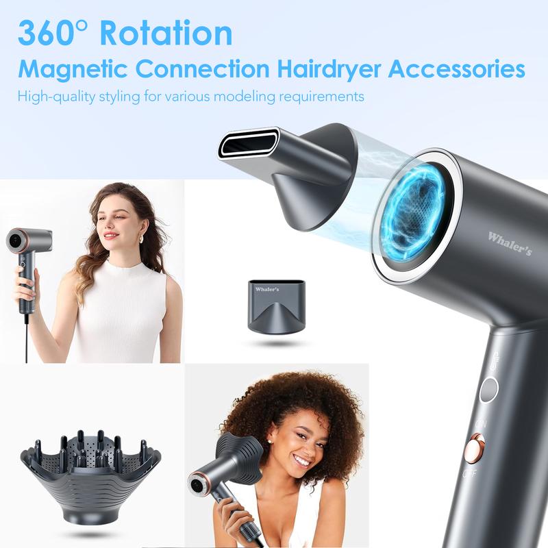 WHALER'S Hair Dryer - High-Speed Brushless Motor Negative Ionic Blow Dryer for Fast Drying, Low Noise Thermo-Control Hair Dryer with Diffuser and Nozzle