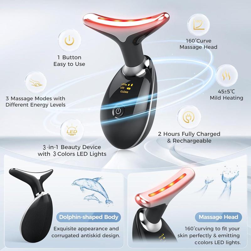 Microcurrent Facial Massager, Multi-functional Neck Massager, Tri-color LED Thermal Mode Neck Beauty Instrument, Vibrating and Heating Facial Massager