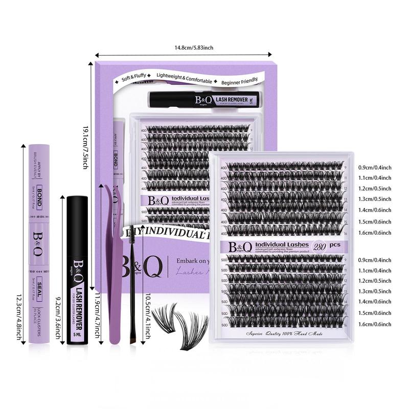 B&Qaugen Lash Extension Kit for Beginners, 280pcs Eyelash Extension Kit, 40D+50D 9-16 Mixed Lash Clusters Kit, D Curl Lash Kit with Lash Bond and Seal, Glue Remover Lash Tweezer Individual Lashes Kit DIY At Home, Christmas Gift