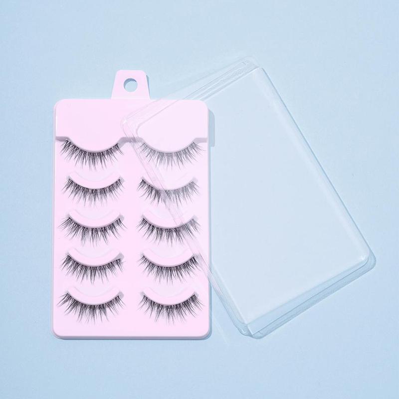 5 Pairs Natural Look False Eyelashes, Wispy Clear Band Faux Cluster Lashes, Fish Tail Shaped Curling Eye Makeup Lashes Strip