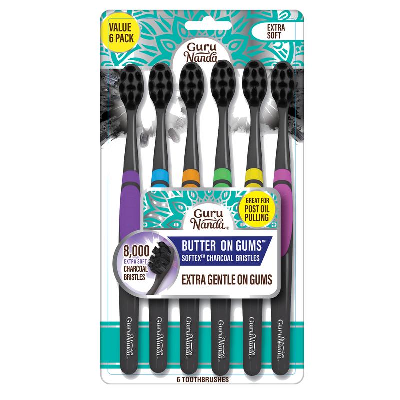 GuruNanda Butter On Gums Charcoal Toothbrush - Extra Soft Bristles - 6 Pack Oral Smooth Gentle Sensitive