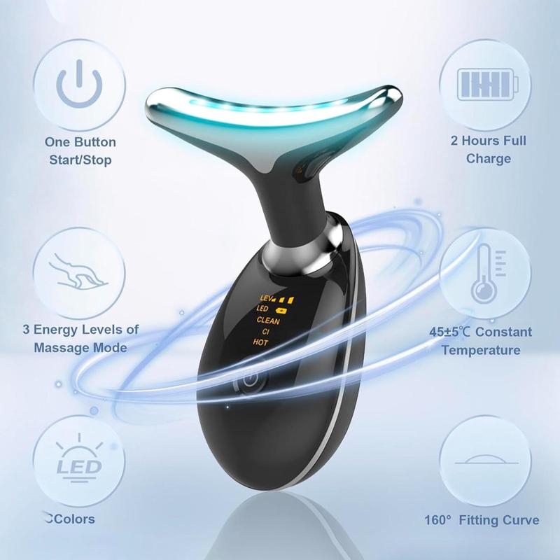 Microcurrent Facial Massager, Multi-functional Neck Massager, Tri-color LED Thermal Mode Neck Beauty Instrument, Vibrating and Heating Facial Massager