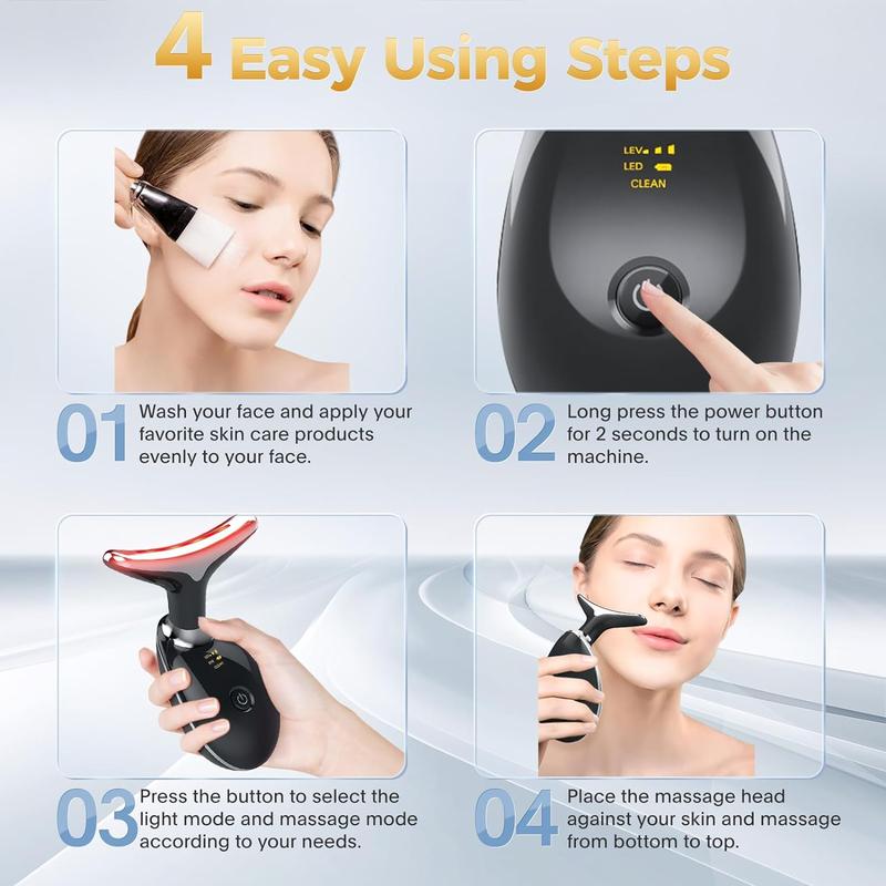 Microcurrent Facial Massager, Multi-functional Neck Massager, Tri-color LED Thermal Mode Neck Beauty Instrument, Vibrating and Heating Facial Massager