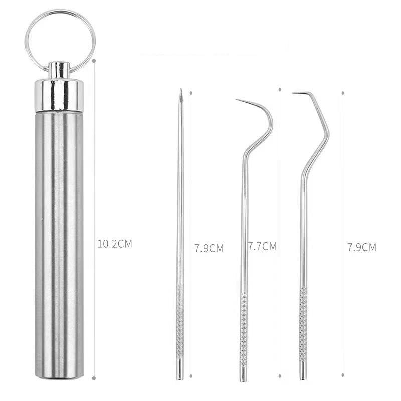 Dental Teeth Pick Stainless Steel Toothpick Set Reusable Tooth Stains Remover Dental Tool Teeth Cleaning Tools with Holder for Outdoor Picnic, Camping, Travel (7PCS Set)Thanksgiving Gifts Christmas Gifts-HL