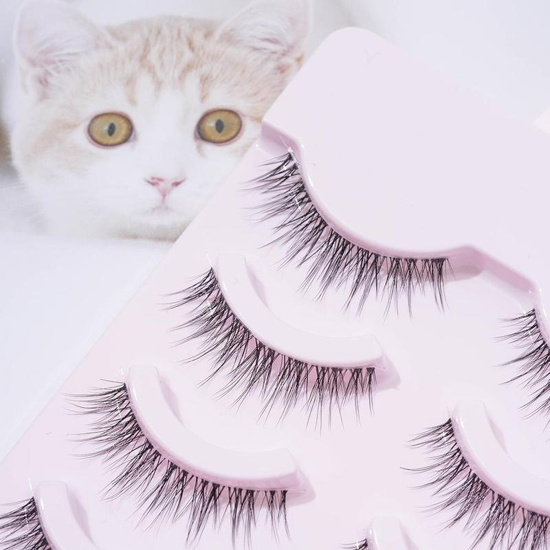 5 Pairs Natural Look False Eyelashes, Wispy Clear Band Faux Cluster Lashes, Fish Tail Shaped Curling Eye Makeup Lashes Strip