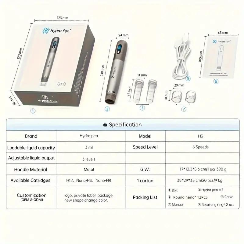 Dr.Pen Hydra Pen H3 With 12pcs Round nano replacement cartridges  Professional Automatic Wireless  water light introduction pen Adjustable Liquid Output, Leakproof Design （Needle length 0.1mm）