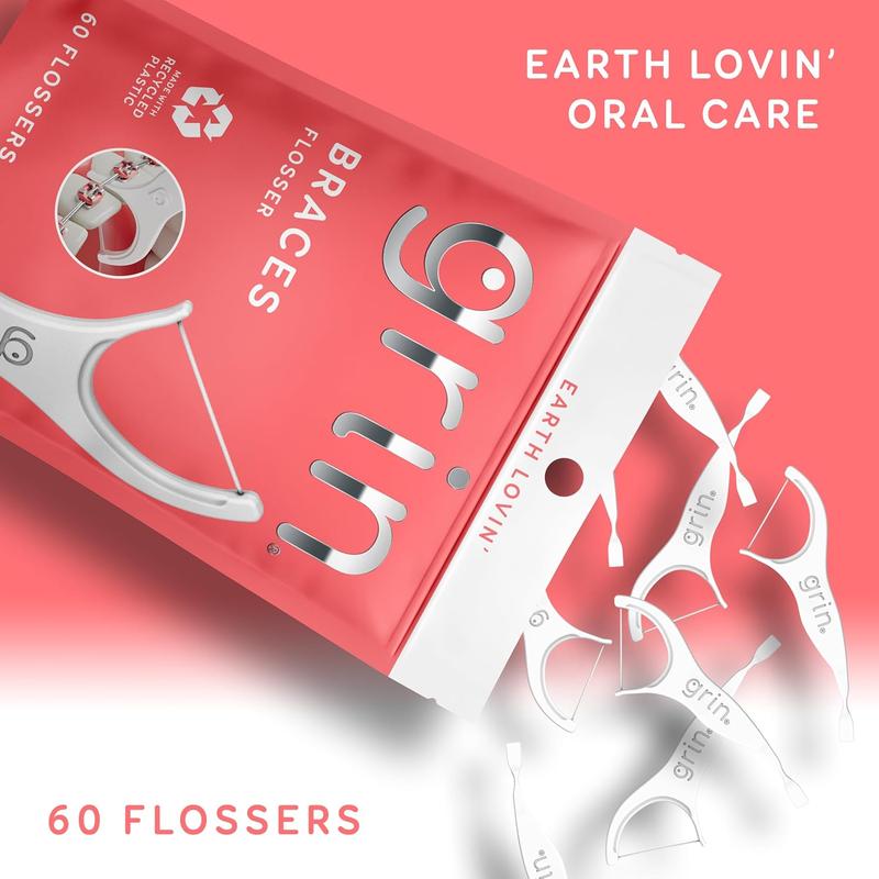 GRIN Braces Flosser, Floss Picks Designed for Braces, 60 Count, Dental Flossers, Recycled Plastic, Ortho Approved, Premium Thin Floss, Includes Handy Wax Scraper and Pick