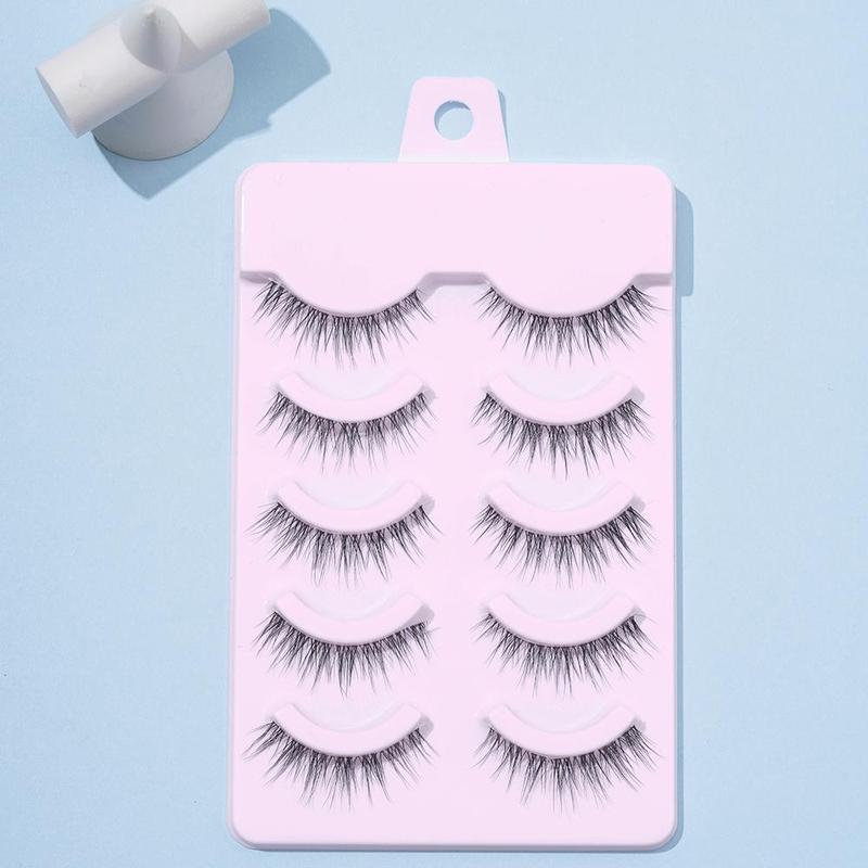 5 Pairs Natural Look False Eyelashes, Wispy Clear Band Faux Cluster Lashes, Fish Tail Shaped Curling Eye Makeup Lashes Strip