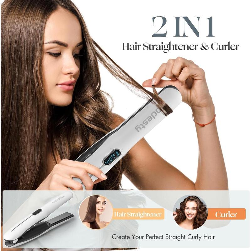 2-in-1 Mini Portable Flat Iron, Rechargeable Battery, Cordless Straightener and Curler, 6 Heat Levels, Travel Size, White