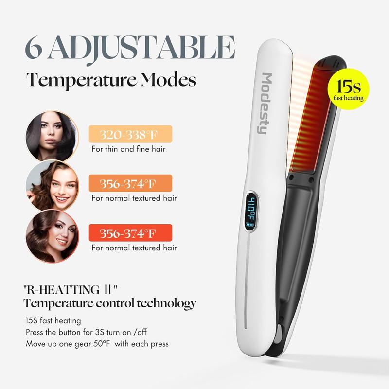 2-in-1 Mini Portable Flat Iron, Rechargeable Battery, Cordless Straightener and Curler, 6 Heat Levels, Travel Size, White