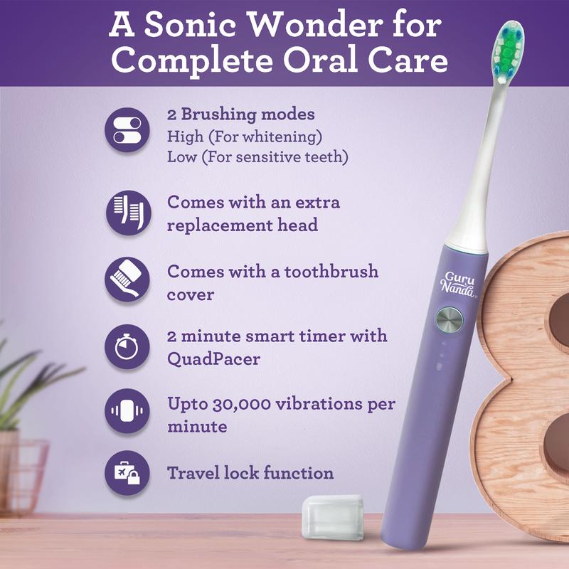 GuruNanda Cruiser Sonic Toothbrush - Portable with Travel Lock, 2 Brush Modes & Timer - Lavender