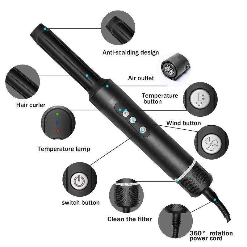 7-in-1 Hair Styling Tool Set - Multifunctional Hot Air Brush, Detachable Power Dryer, Air Curling Wand, Hair Straightener, Oval Brush with Diffuser and Nozzle Attachment, 110-130V US Plug, Not Battery Powered-Black