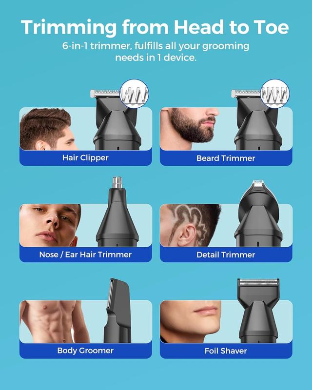 Beard Trimmer for Men - Waterproof 6 in 1 Complete Grooming Kits for Mustache Nose Ear  Body Hair Trimming, Mens Cordless Hair Clippers and Shavers with Storage Bag and Beard Bib Apron