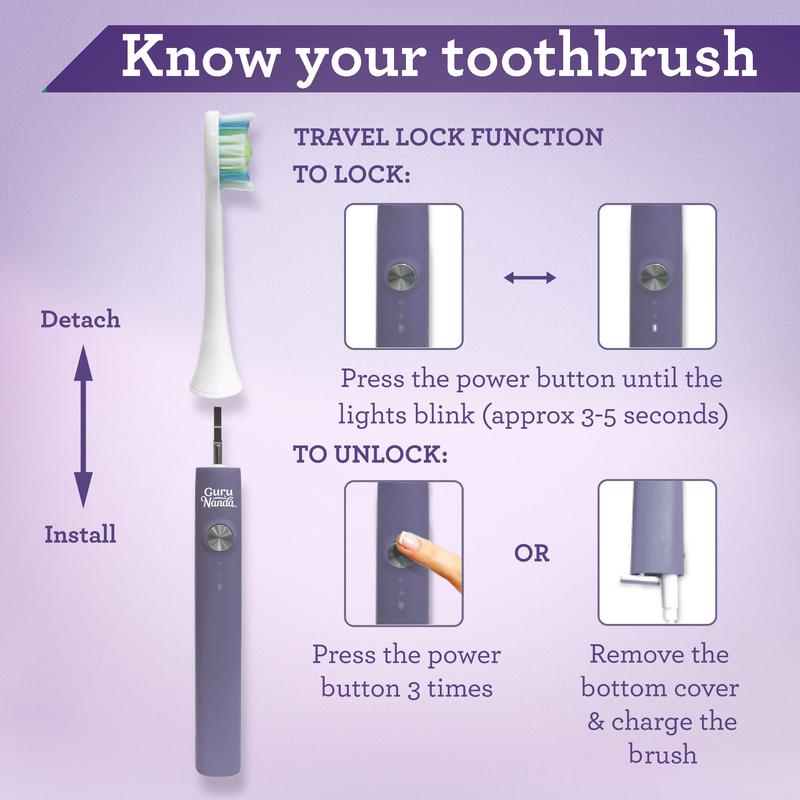 GuruNanda Cruiser Sonic Toothbrush - Portable with Travel Lock, 2 Brush Modes & Timer - Lavender