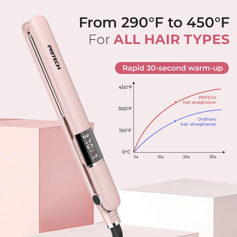 PRITECH Flat Iron Hair Straightener, Titanium Flat Iron with Adjustable Temp(290°F-450°F), 1 inch Plate for All Hairstyles Hair Straightening Irons Pink Smooth Comfort