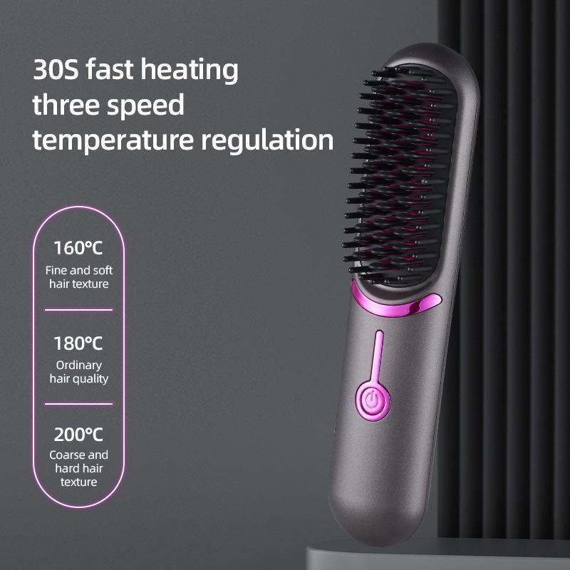 Cordless Hair Straightener Brush, USB Rechargeable Fast Heating Straightening Brush with Negative Ion, Lightweight for Travel