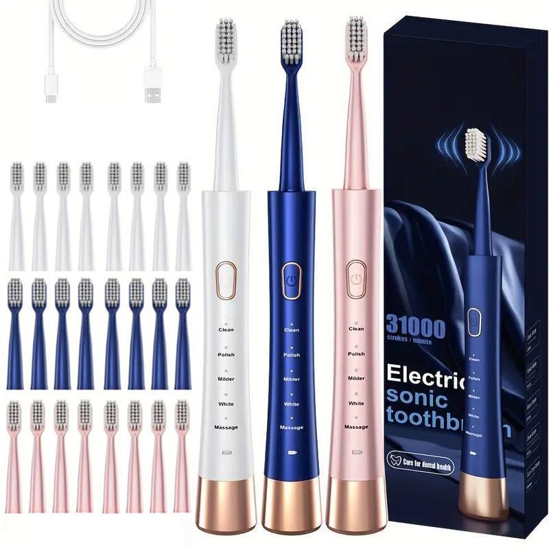 Electric Toothbrush, 1 Box Rechargeable Sonic Toothbrush with 8 Counts Replacement Brush Heads, Portable Toothbrush for Home & Travel, Christmas Gift