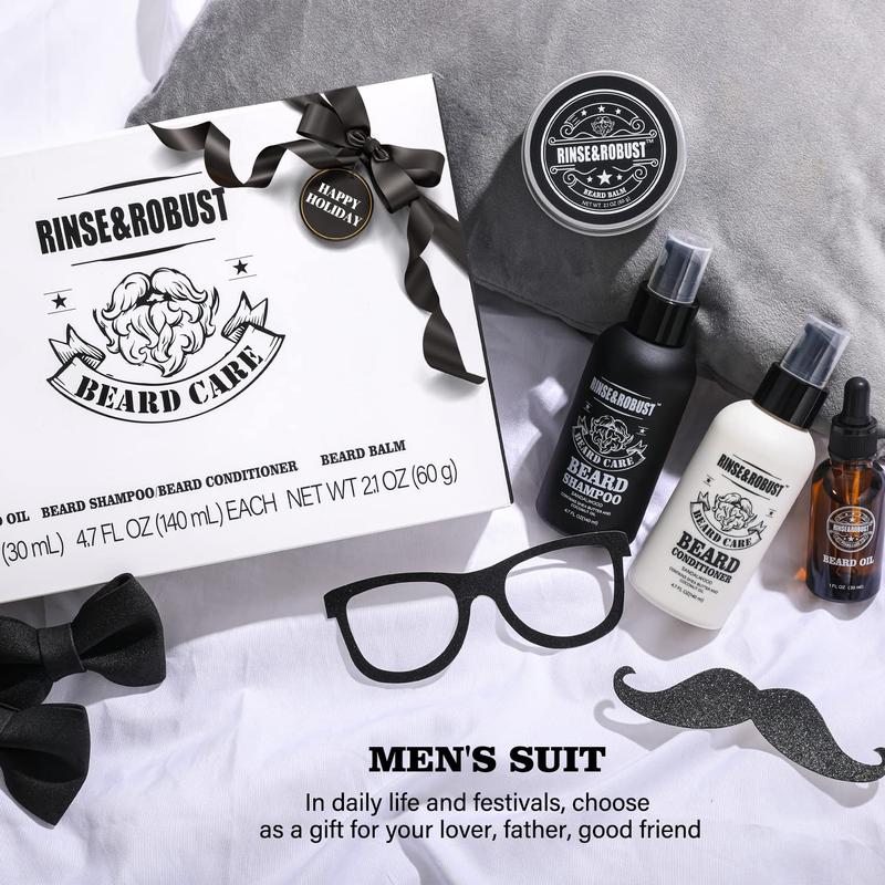 Rinse&Robust Beard Grooming Set Beard Care Kit: Beard Shampoo, Beard Conditioner, Beard Oil, Beard Balm. Thanksgiving Christmas Gift Sets for Boyfriend Men, Bath and Body Gift Sets, Men's Gift Ideas Hygiene Product, Father's Day Gift, Gift for Father Dad