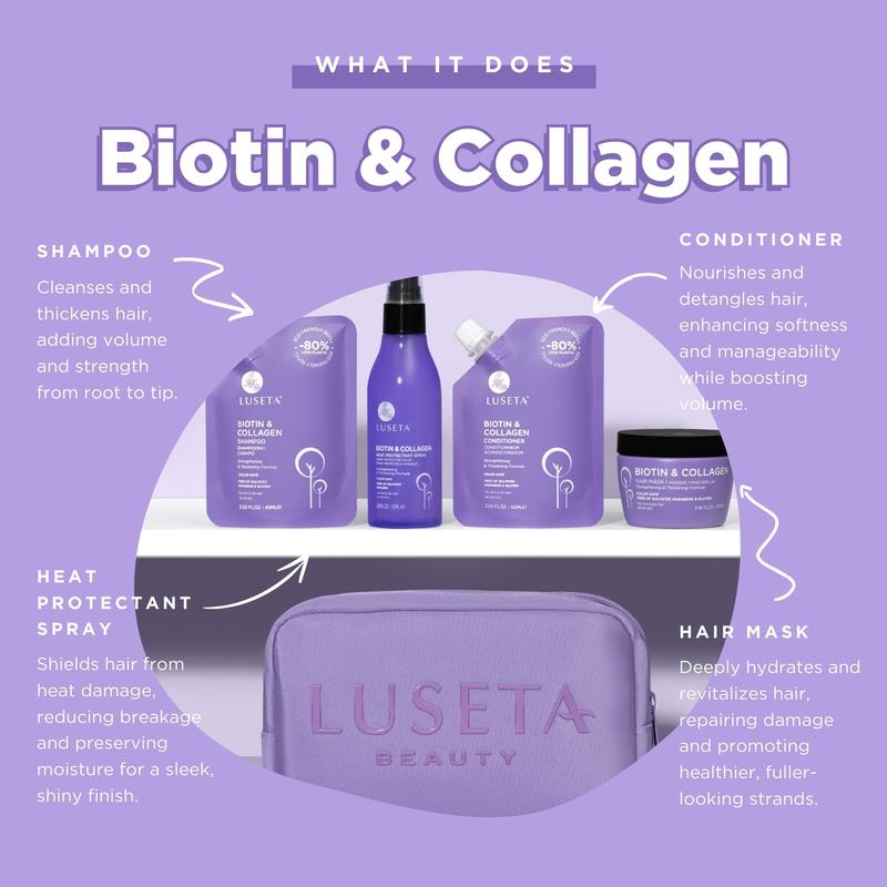 Luseta Biotin & Collagen Jet-Set Hair Strengthen Kit with Shampoo Conditioner Hair Mask and Heat Protectant Spray