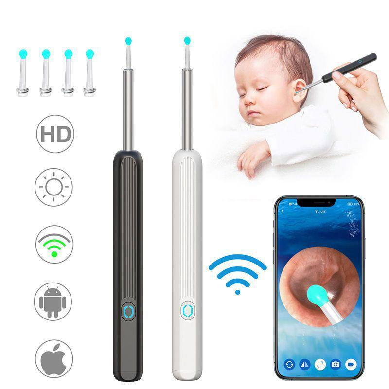 NE3 Visual Ear Wax Removal Kit Earwax Cleaner with 1296P Camera and 6 LED Warm Lights Waterproof Compatible with iPhone and Android (Black&White)