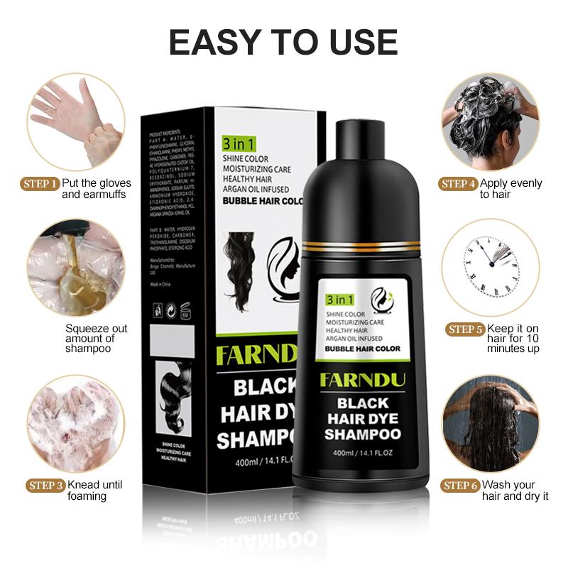 FARNDU-Hair Color Shampoo, Hair dye, 5 Colors Available, 10 Mins Hair Color, Fruity aroma, 3-In-1 Gray Hair Coverage–Plant extracts-Long Lasting–Ammonia-Free Haircare Oil ,Argan Oil Scent Bowl (400 mL)