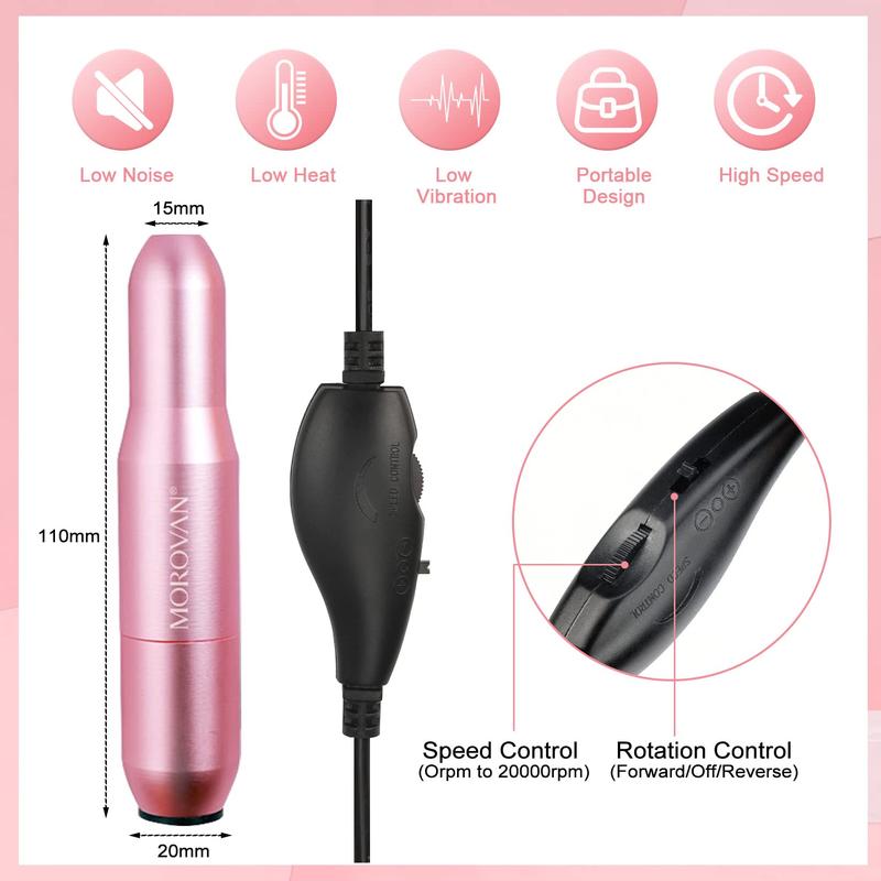 Morovan Professional Nail Drill - Electric Nail Drill File Machine Portable Electric Nail Filer with Nail Drill Bits Sanding Bands for Poly Gel Solid Builder Gel