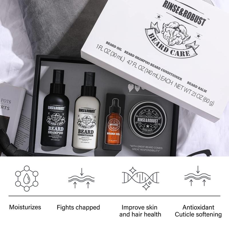 Rinse&Robust Beard Grooming Set Beard Care Kit: Beard Shampoo, Beard Conditioner, Beard Oil, Beard Balm. Thanksgiving Christmas Gift Sets for Boyfriend Men, Bath and Body Gift Sets, Men's Gift Ideas Hygiene Product, Father's Day Gift, Gift for Father Dad