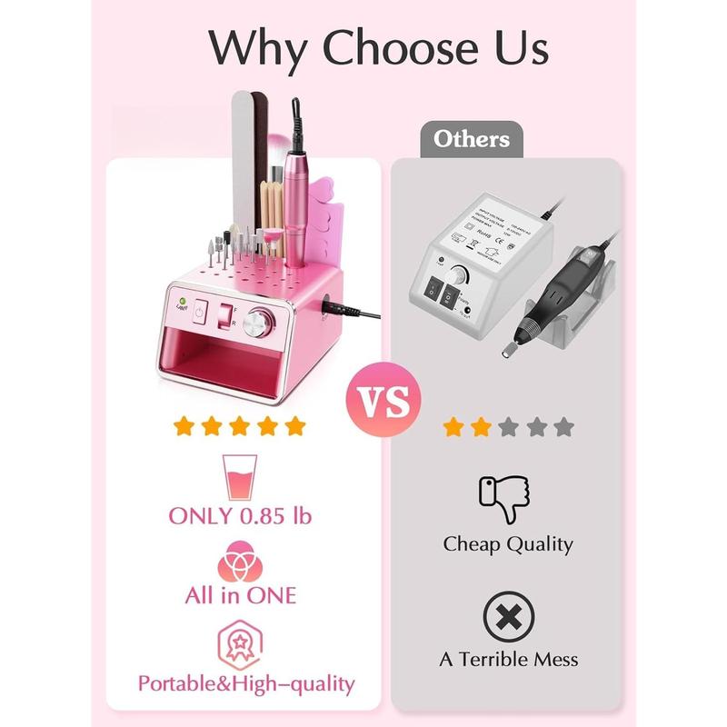 Drill Machine Electric File, Portable for  Gel Dip Powder Nails,  Drill Kit for Manicure Pedicure,  Set with Everything, Purple Pink