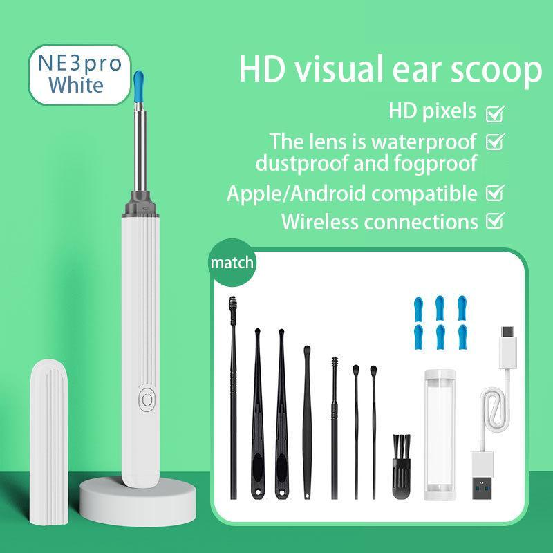 NE3 Visual Ear Wax Removal Kit Earwax Cleaner with 1296P Camera and 6 LED Warm Lights Waterproof Compatible with iPhone and Android (Black&White)