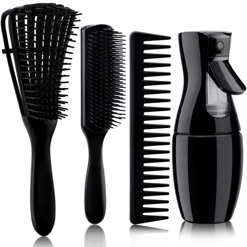 4 count Curly Hair Brush Set for Adult &  Wet or Dry, Detangling Brush for 3 4ABC Hair with Detangler Spray Bottle & Wide  Comb (3+1, Black)