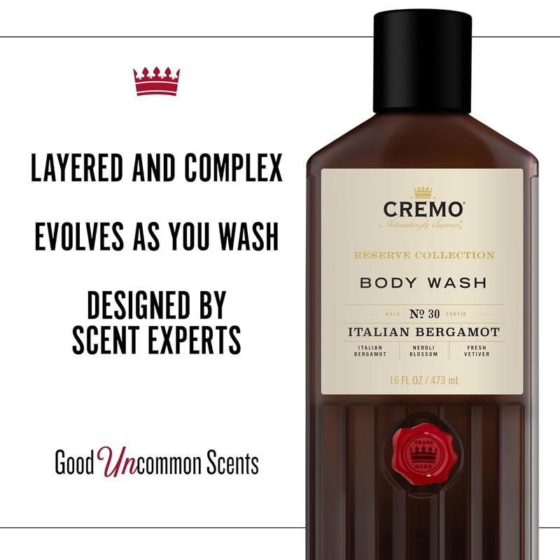 Cremo Rich-Lathering Italian Bergamot Body Wash for Men, Notes of Italian Bergamot, Neroli Blossom, 16 Fl Oz, 1 pack Scent Cologne Body Care Fragrance