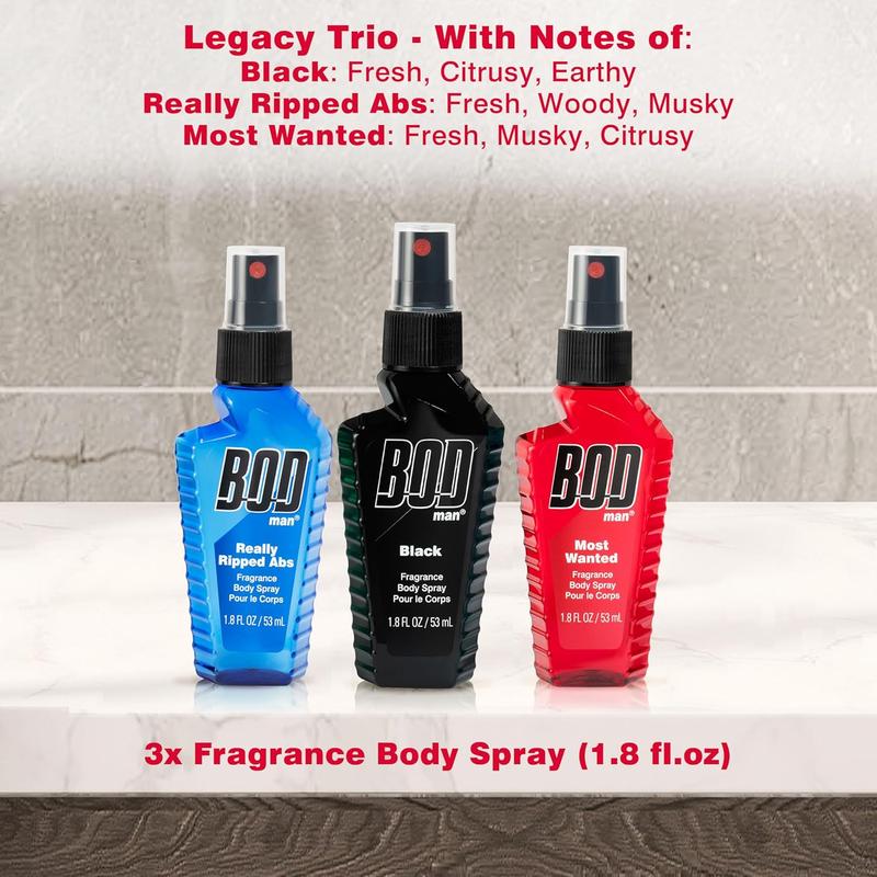 BOD Man Body Spray Holiday Gift Set for Him - 3 Piece Variety Sampler (Black, Really Ripped Abs, Most Wanted) BOD man