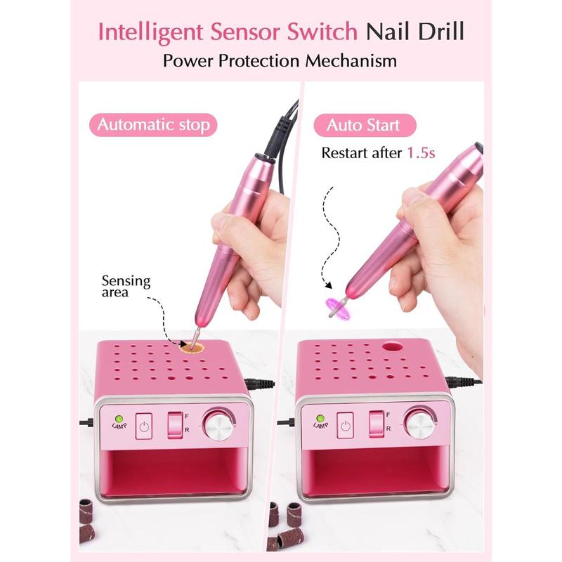 Drill Machine Electric File, Portable for  Gel Dip Powder Nails,  Drill Kit for Manicure Pedicure,  Set with Everything, Purple Pink