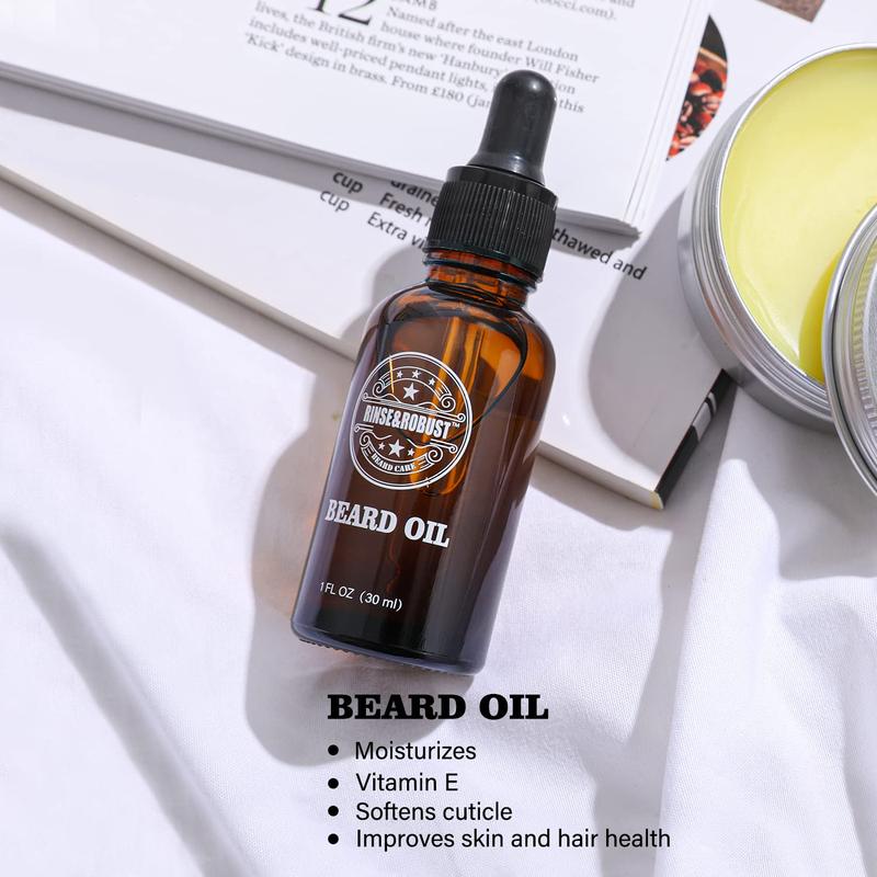 Rinse&Robust Beard Grooming Set Beard Care Kit: Beard Shampoo, Beard Conditioner, Beard Oil, Beard Balm. Thanksgiving Christmas Gift Sets for Boyfriend Men, Bath and Body Gift Sets, Men's Gift Ideas Hygiene Product, Father's Day Gift, Gift for Father Dad