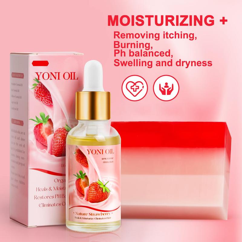 Feminine Wash & Yoni Oil & Yoni Soap Set for Women, Yoni Wash for V Ph Balance Remove Odor Moisturizing, 1 Fl.Oz Feminine Oil & 5.07 Fl.Oz V Wash 5.29OZ Yoni Soap Bar, Strawberry Scent