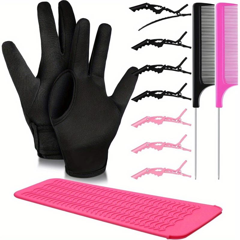 11pcs Hair Styling Tools Set, Includes 3 Finger Heat Resistant Gloves, Silicone Mat, 6 Hair Clips, 2 Styling Combs for Curly hair styling