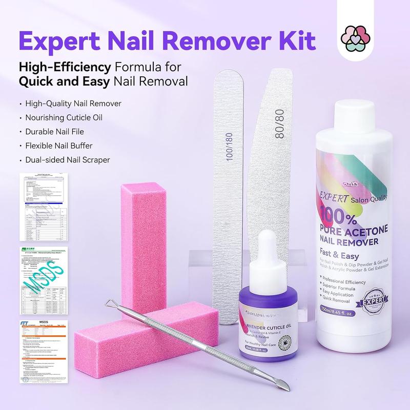 Acetone Nail Polish Remover Kit: Gel Remover with Cuticle Oil Rich Castor Oil & VE Repairing Nail, Nail File Buffer Tools Dip Acrylic Remove Quick Salon Use 8.45 Oz