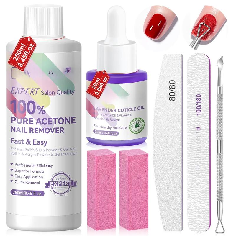 Acetone Nail Polish Remover Kit: Gel Remover with Cuticle Oil Rich Castor Oil & VE Repairing Nail, Nail File Buffer Tools Dip Acrylic Remove Quick Salon Use 8.45 Oz