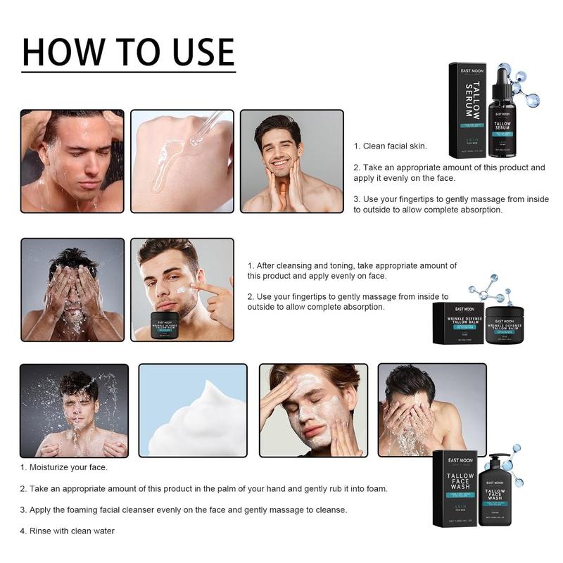 Men's Facial Skincare Set - Mens Face Care Set(Tallow Cream + Tallow Night Serum + Tallow Face Wash) Comfort Skin Repair