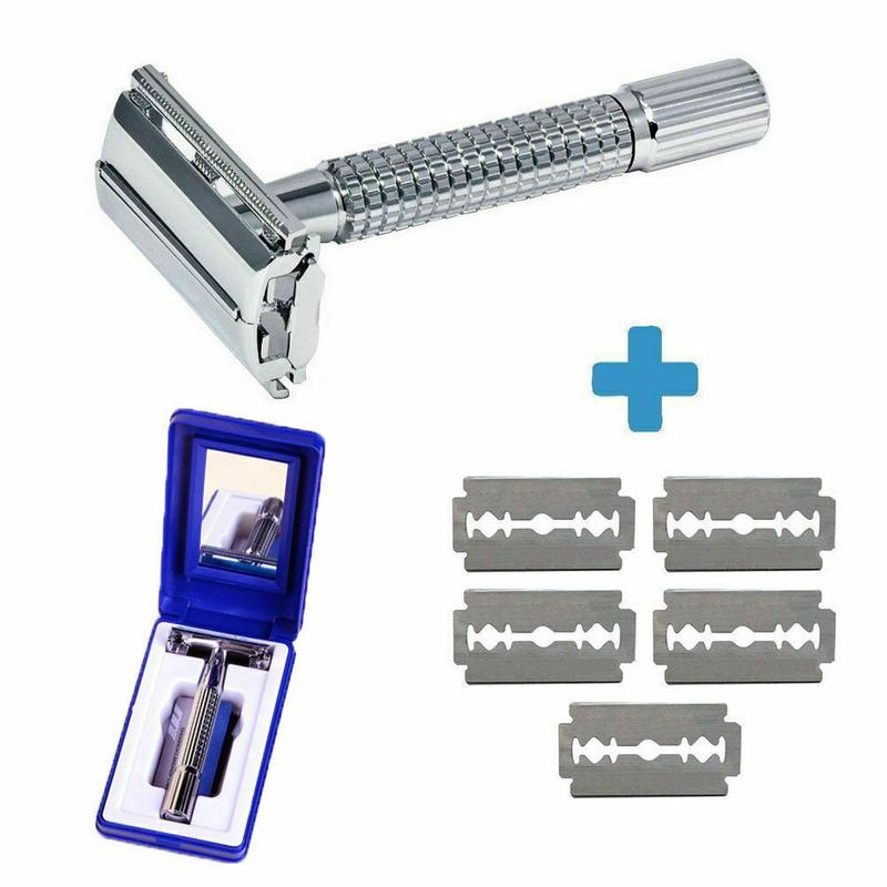 Men's Classic Traditional Chrome Double Edge Safety Razor with 5 Comfort Blades for Smooth Shaving